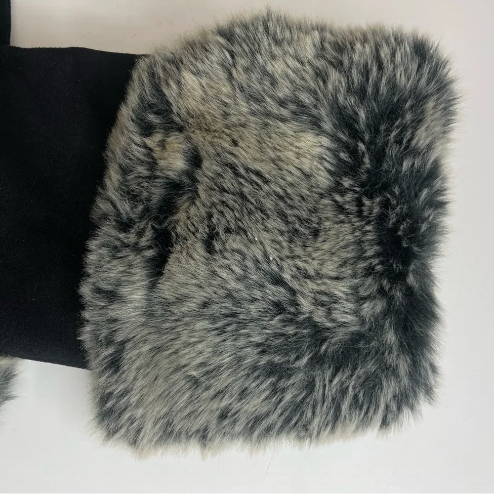 Report Womens Black Faux Suede Mid-Calf Boots Grey‎ Faux Fur Trim Flat Sole